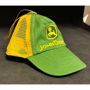 John Deere Christmas Tree Ornament Trucker Hat Embroidered Mesh Green Yellow Cap